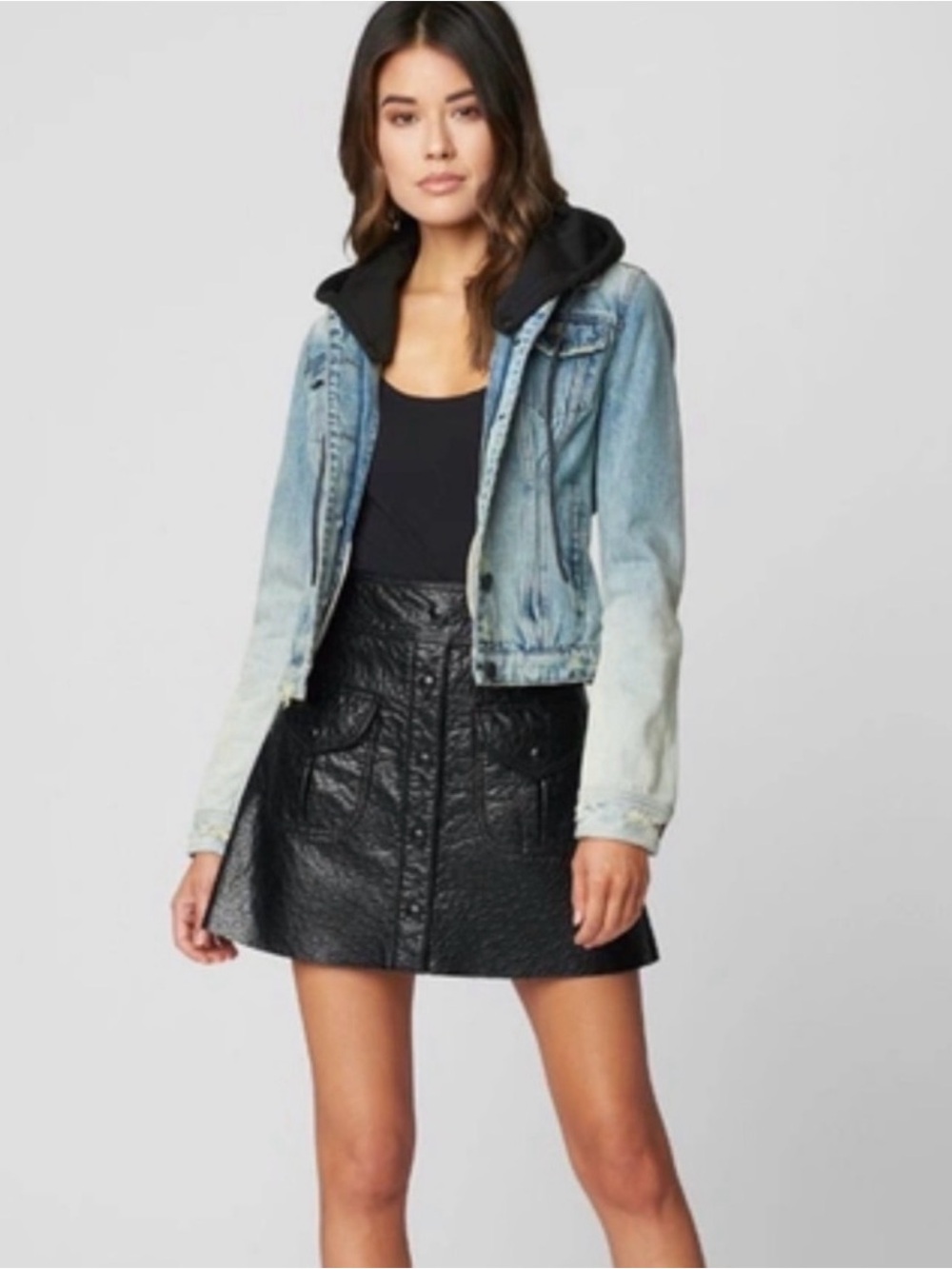 BLANKNYC distressed synch-waist Jean jacket with detachable black hood. Size S